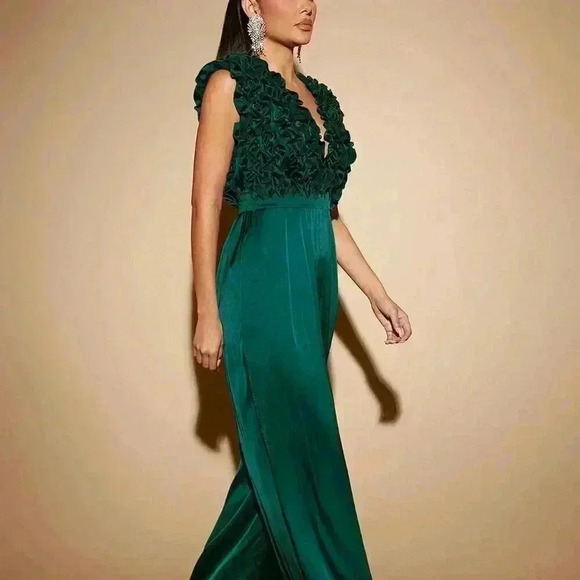Green Party Women's Plunging Neck Ruffle Wide Leg Jumpsuit